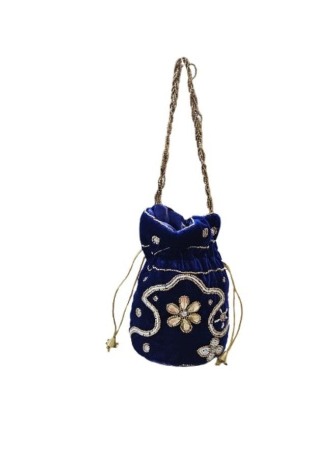 SuneshCreation Ethnic Potli Handbag with Beaded Handle, Floral Embroidery, Traditional Drawstring Purse, Velvet Wristlet (blue) - Image 2